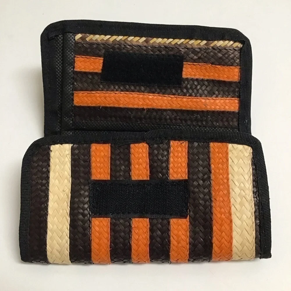 Handmade Woven Straw Wallet Zip Pouch Stripe Clutch Raffia Natural Brown Orange